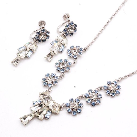 Vintage 50's Star-Art Sterling Marked Rhinestones Fancy Bridal Necklace Set - Picture 5 of 8